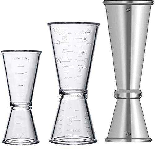 Dubbel klar plast och rostfritt stål japansk stil cocktail mätning shotglas dryck sprit måttkopp för bar fest kök verktyg set med 3
