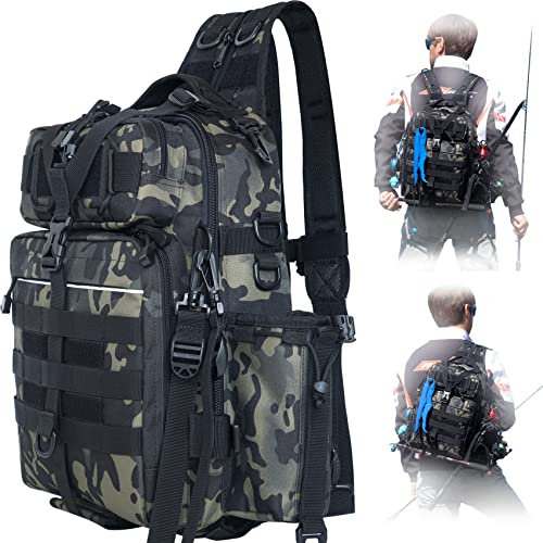 BLISSWILL Angelrucksack mit Rutenhalter, Angelausrüstungstasche, Angelausrüstungstasche, Größe L (40,6 x 30,5 x 15,2 cm), Wald-Tarnmuster, Rucksack