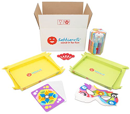 Sabbiarelli Sand-it For Fun - Party Kit, Kreativt Sand Art-Set för Barn 5+: 12 Pennor med Färgad Sand, 8 A5-Masker, 8 A6-Motiv, 8 Brickor och 8 Punzoner - Pyjamasparty och Kalas