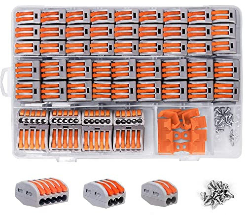 Connecteur Electrique, Connecteurs de Fil Compacts 120 Pièces, Cosses Electriques Kits, Blocs de Connecteurs Électriques (50pcs 2 ports/30pcs 3 ports/10pcs 5 ports/15pcs supports fixes /15pcs vis)