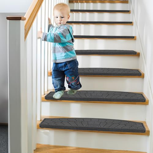 Weigudoc 15 Stück Treppenstufen Matten rutschfeste, Halbrunde Selbstklebende Stufenmatten 65x24 cm, Treppen-Teppich Innen Treppenläufer Schutz für Kinder Ältere Haustiere Halbrunde (schwarz)