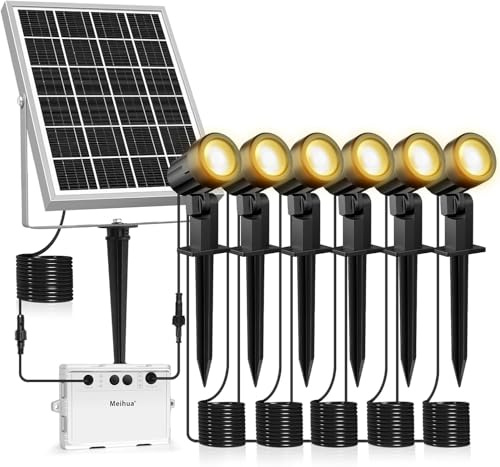MEIHUA Luces Solares LED Exterior Jardin 2700K Blanco Cálido Luz Solar 3 Niveles de Brillo 2 Modos 6000MAH Lámparas IP66 Impermeable Focos Memoria Iluminación para Patio,Caminos,Terraza 6 en 1