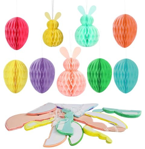 HONMOK 13 Stück Ostern Bienenwabe zum Aufhängen Papier Ostereier Osterhasen 3D Waben Dekoration Osterwaben Hängende Dekoration Ostern Wabenbälle Honeycomb für Frühling Ostern Party Deko
