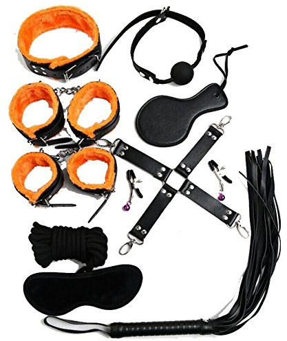 BONDAGERIE® Kit Completo di Accessori Orange in Pelle Vegana per Coppia, dieci pezzi, Manette Cavigliere Frustino Collare guinzaglio corda gàgball, sacco in raso