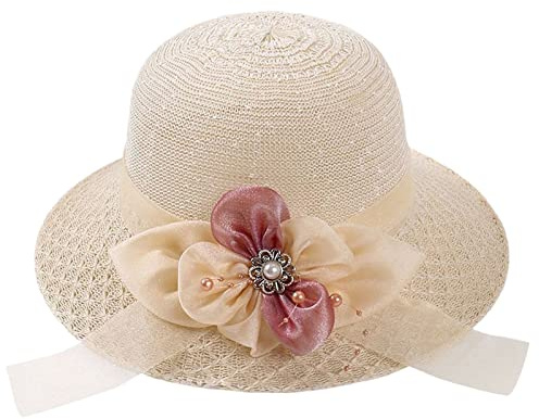 Sunhats for Women UK Wide Brim Straw Hats with Flower Holiday Travel Summer Cap Elegant Sun Protection Beach Hats Fishing Bucket Beige