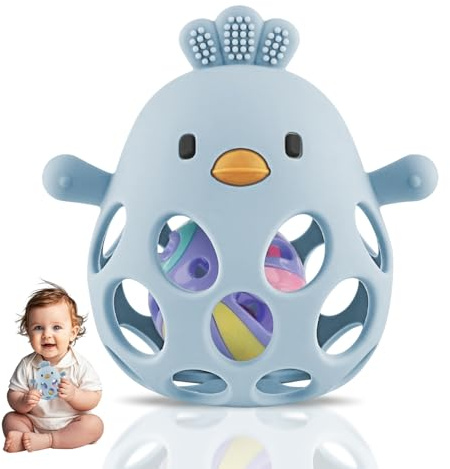 DOUUCO Giochi Dentizione Neonato, Montessori Giocattoli Bambino 0-6, senza BPA, Dentizione Refrigerante, Giochi Sensoriali per Neonati, Teether in Silicone, Giocattolo da Masticare per Bambini, blu