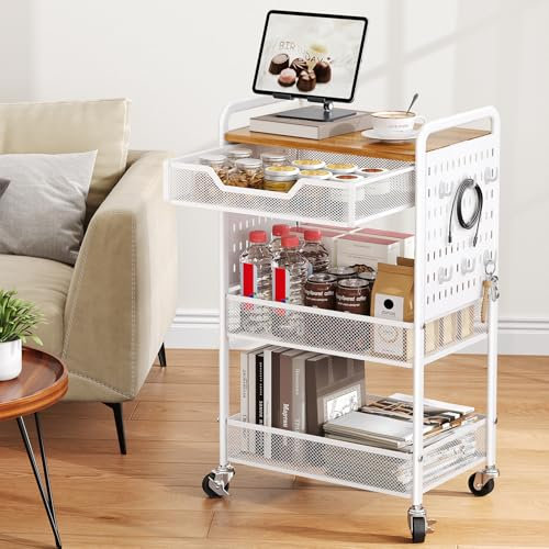 HKWOTINHA Carrito rodante de 3 niveles con ruedas, carros utilitarios de metal con cajones, mesa de madera, tableros de clavijas para cocina, hogar, oficina (blanco)