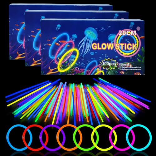 100Pcs Multicolour Glow Sticks Party Packs,Glow in the Dark Party Supplies,Children Glow Stick Necklaces Bracelets,20cm Glowsticks Bulk for Kids Adults Halloween Christmas Easter Party Bag Fillers