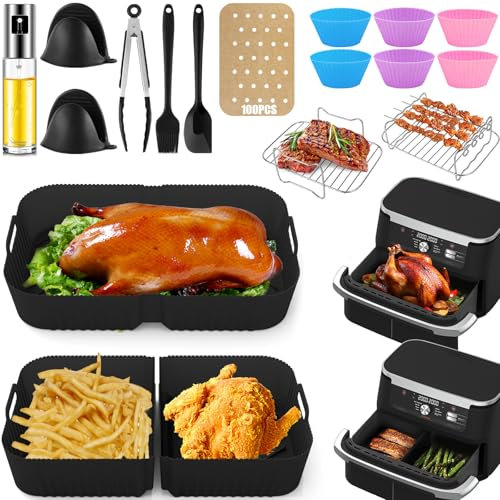 Accessoires Air Fryer pour Ninja Foodi Flex 10.4 L AF500EU - 18PCS Airfryer Accessoires Inclus Moule Silicone Air Fryer 10.4L & 2×5.2L, Grille de Cuisson, Papier Sulfurisé, Moules à Gâteau, etc