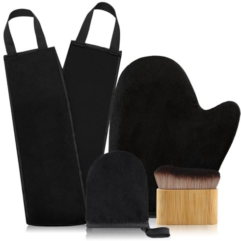 FUNAN Self Tanning Application Kit, 4-Piece Set with Back Applicator, Mini Mitt, Tanning Mitts and Ultra Soft Self Tanner Brush Bamboo Kabuki Brush, Black (black, 4)