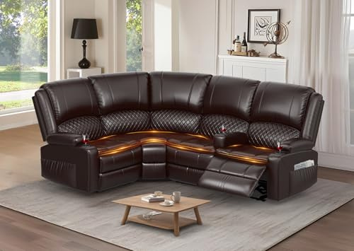 Yolsali Manual Reclining Sectional Sofa Set, 4 Seats Soft Leather Recliner Corner Sectional Couch, Family-Sized L-Shaped Recliner Couch with USB Charging, Thickened Padding, Sturdy Frame, Brown
