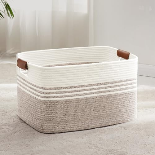 Wäschekorb Geflochten Groß aus Baumwollseil, 72L Aufbewahrungskorb mit Lederhenkeln, Korb für Decken, Kleidung, Spielzeug, Laundry Basket für Kinderzimmer Wohnzimmer, 55 x 43 x 30 cm, Weiß und Braun