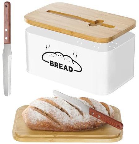 COCASES Bread Bin with Knife for Kitchen 2-IN-1 Steel Bread Box Basket with Lid Freshness for Biscuit Crusty Wholemeal Bread Snack Bread Storage Containers for Corner Cream
