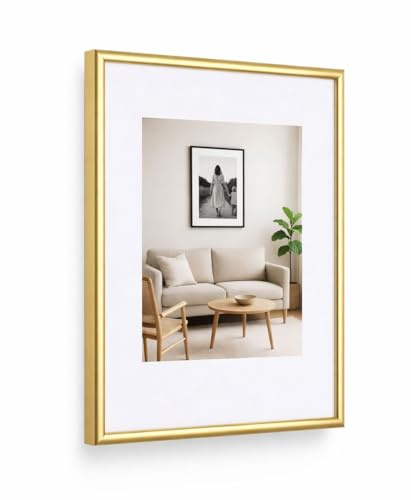 KM FOTO New Lifestyle Kunststoff Bilderrahmen mit Passepartout & Kunststoffglas Hoch- & Querformat: Farbe: Gold | Format: 30x40 | Pack: 1