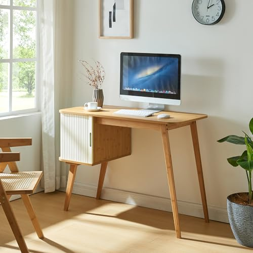 [en.casa] Scrivania con Armadietto e Anta Scorrevole Tavolo da Ufficio con Scomparti Chiusi Piano Rettangolare Postazione di Lavoro PC in Bambù 75 x 105 x 48 cm - Naturale/Bianco Crema