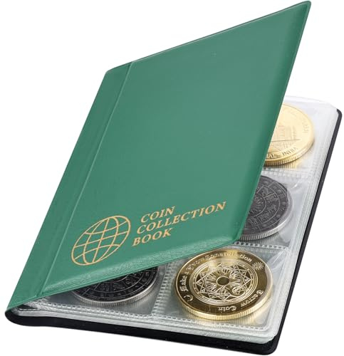 Vicloon Coin Collection Album, 60 Pockets 4.5x4.5cm Grid Coin Storage Holder, 10 Pages Coin Collecting Book for Pounds Pence Cents Dollars Nickel (Green)