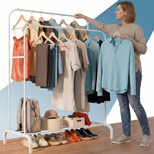 PORTENTUM Perchero burro ropa resistente de acero – hasta 35 kg – Organizador con doble barra y zapatero – Percheros de pie con pies antideslizantes – Tapas anti-caída para perchas – Montaje rápido