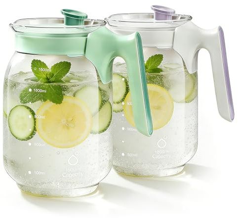 2 Stück Wasserkaraffe 1.8L, Glaskaraffe mit Deckel, Glas Hitzebeständig Karaffe, Filterdesign, für Heiß- & Kaltgetränke (Lila + Mintgrün)