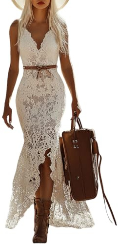 Onsoyours Femme Robe Vintage Col en V sans Manches Dentelle Robes De Plage Élégant Chic Longue Boho Floral Décontractée Dress Soirée