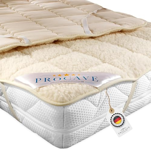 PROCAVE weiches Unterbett mit Lammflor und Schurwolle, hochwertige Matratzen-Topper, Matratzen-Schoner mit 4 Eckgummis, Matratzen-Auflage 180x200 cm