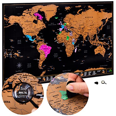 Scratch Off Weltkarte, groß, zum Markieren bereister Länder – Ultra Detaillierte Karte mit allen US-Staaten – Zubehör-Kit und Geschenk-Rohr – 70 x 42 cm – hochwertiges Kartographisches