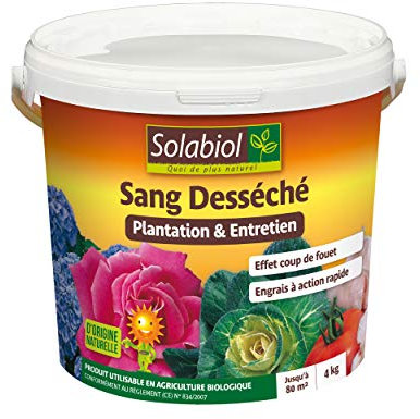 Solabiol Sang desséché 100% - 4 Kg - Engrais Action Coup de Fouet - Effet reverdissant - idéal pour Les massifs de Fleurs, Potager, Gazon, utilisable également pour activer Les composts SOSANG4
