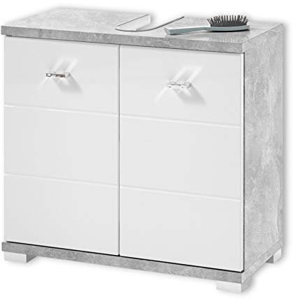 Stella Trading Badezimmer Waschbeckenunterschrank in Beton Optik, Weiß - Moderner Bad Unterschrank Badezimmerschrank mit viel Stauraum - 60 x 52 x 30 cm (B/H/T)