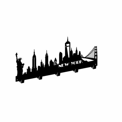 gamet® WS11, appendiabiti metallico/in acciaio per parete, panorama di New York/Nueva York, 5 ganci, colore strutturale nero, 50 x 21 cm, 1 unità.