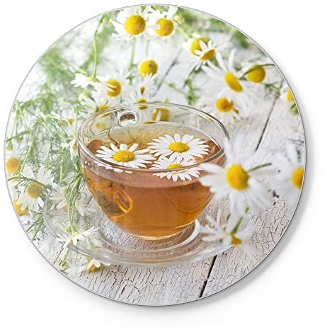 DEQORI Tabla de cortar de cristal, redonda, diámetro de 30 cm, diseño de té con flores de manzanilla, placa de corte para cocina, antibacteriana y antideslizante, placa de cristal y bandeja para
