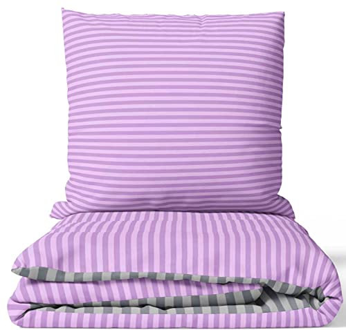 Leonado Vicenti Baumwolle Bettwäsche-Set 155 x 200 cm Lila Stripe Gestreift Bezug Kissen Deckenbezug mit Reißverschluss