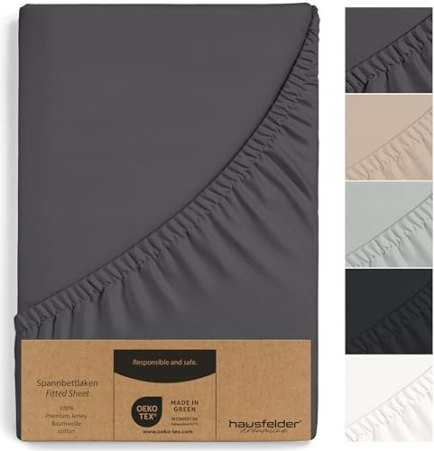 Hausfelder Spannbettlaken Topper 90x200 bis 100x200 cm, bis 15 cm Matratzenhöhe, Jersey Baumwolle, Bettlaken Spannbetttuch für 90 x 200cm bis 100 x 200cm Boxspringbetten Matratzen, Anthrazit-Schwarz