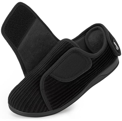 HomeTop Women's Wide Fit Corduroy Slippers, Adjustable Hook & Loop with Memory Foam for Indoor Comfort Matt Black, 5 UK