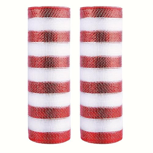 CCUUHJ Lot de 2 rouleaux de ruban en maille métallique à rayures rouges et blanches, 25,4 cm x 9,1 m, ruban de Noël pour couronne, guirlandes et décoration de sapin de Noël (rouge)
