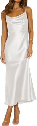 Mogidol Summer Satin Spaghetti Strap Cowl Neck Backless Midi Dresses for Women Elegant Tie Low Back Ruched Cocktail Dress White