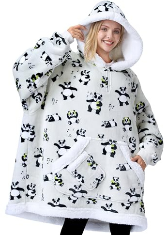 Giggling Getup Felpa con Coperta Indossabile per Donne e Uomini - Felpa con Coperta Oversize in Flanella e Sherpa Fleece, con Tasca e Maniche, Coperta, Regali di Compleanno per Adulti, Panda