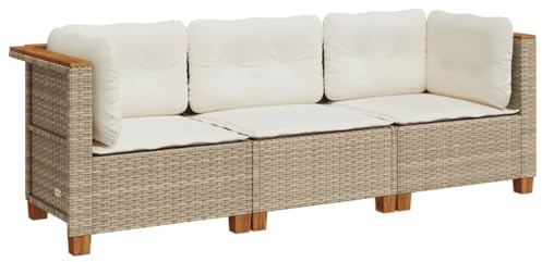 vidaXL Gartensofa 3-Sitzer, Gartensessel mit Kissen, Modular Loungesofa für Garten Terrasse, Sofa Garnitur Gartenmöbel, Beige Poly Rattan