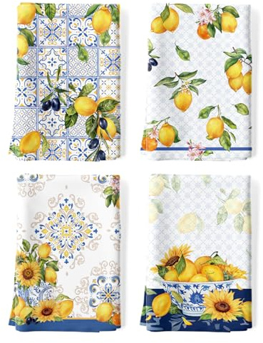 Arquiel Set di 4 Strofinacci Cucina Limone 100% Cotone Assorbente Canovacci Cucina Decorazione Regali di Vacanza 48 cm x 70 cm