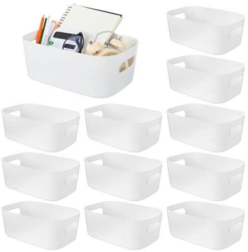 12 Pieces Plastic Storage Bins Storage Basket 9.6 X 6.3 X 3.9 Inch with Handles Toy Organizers and Storage Bins for Home Cupboard Kitchen Bathroom Office Pantry Organization (White)