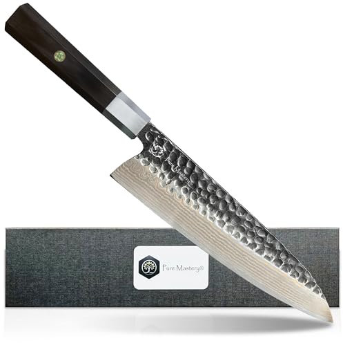Pure Mastery® Monaco Cuchillo de Chef 21 cm – Acero Damasco Japonés – Mango de Madera Ergonómico – Cuchillo de Cocina Premium y Universal