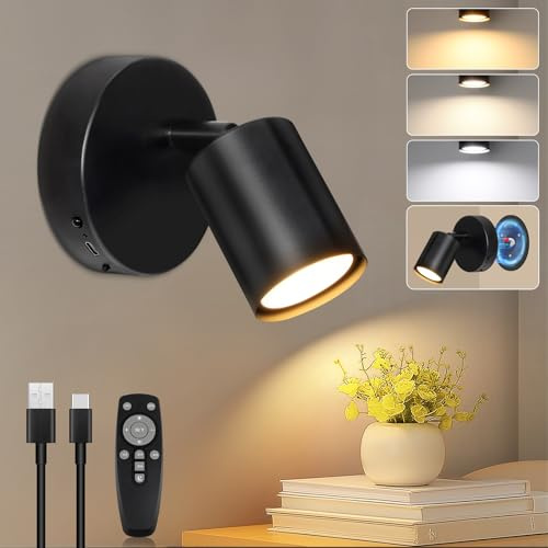 Ketom LED Rotatable Rechargeable Wall Lights, Stick on Wall Lights Indoor | Battery Operated Magnetic Light with Remote, Wireless Sconce Black, 3 Color Temperatures, Dimming, Timer Function