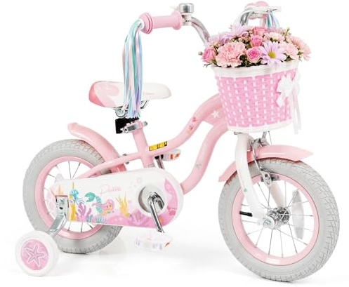 Olakids Kids Bike, 12 14 16 18 20 Inch Mermaid Theme Girls Bicycle with Training Wheels Basket Adjustable Seat and Handlebar Dual Brake (12 Inch, Pink)