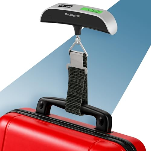 PORTENTUM Pesa valigia da viaggio digitale con schermo LCD – fino a 50 kg – Blocco automatico della lettura – Bilancia per valigie portatile con indicatore di temperatura