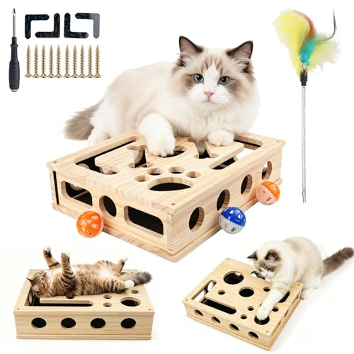 Bztzhm 2 in 1 Cat Scratch Puzzle Enrichment Box, Interactive Cat Nail File Toy with Sandpaper, 3 Bell Balls, Feather and 4 Anti-slip Mats, Large Wooden Scratch Boxes for Indoor Kitten Cat Scratching
