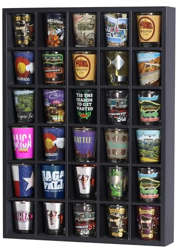 Black Shot Glass Display Case 30 Slots Minifigures Thimble Collection Display Rack 12.25 H X x 16.6 W - No Door (for All Short Shot Glasses)
