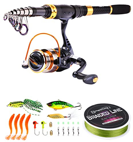 Sougayilang Combos de Carrete de caña de Pescar, caña de Pescar telescópica de Fibra de Carbono con Carrete Giratorio, señuelos de línea de Pesca, Accesorios de Equipo de Pesca para Viajes, Pesca en