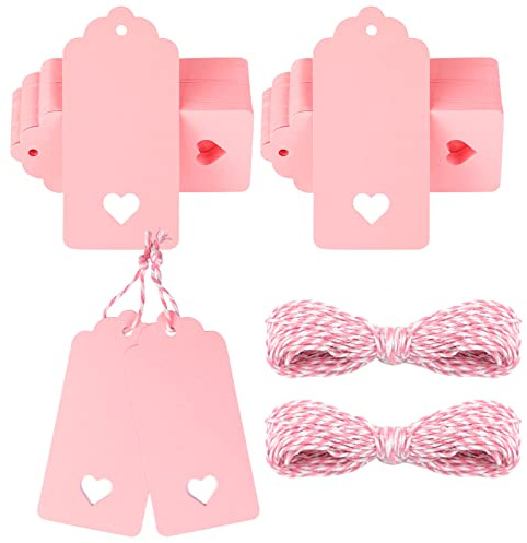 G2PLUS Etichette regalo rosa con cuore, 100 etichette in carta vuote con cordoncino, 4,5 cm x 9,5 cm, grandi etichette regalo per bomboniere, regali, 300 g/m²