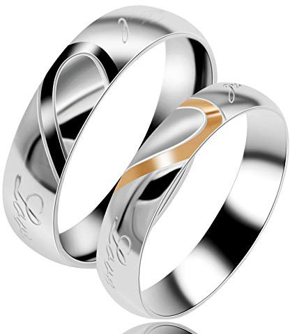 Uloveido Women's Gold Heart Puzzle Matching Wedding Bands, Stainless Steel Engagement Band Ring Engroved Real Love Alphabets Y552 (Size O)