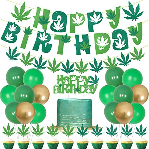 Dope Décorations d'anniversaire Bannière de mauvaises herbes en feutre sur le thème des feuilles de mauvaises herbes pour gâteau d'anniversaire 420 ans
