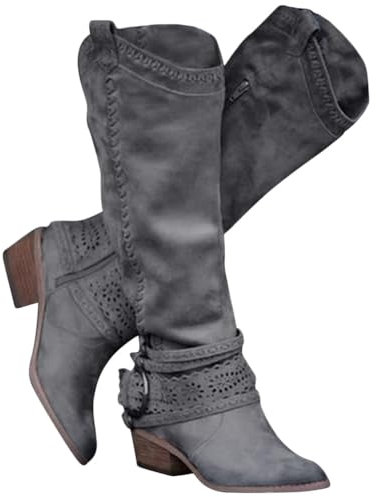 Minetom Langschaft Stiefel Damen Stiefel Retro Reißverschluß Boots Blockabsatz Winter Herbst Cowboy Stiefel Westernstiefel Halbhohe Stiefel A Grau 39 EU