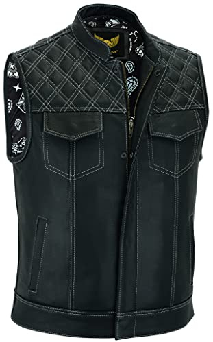 Leatherick Groove Club svart läderväst för män – traditionell paisley satin foder, Vitt diamantbroderi, 66